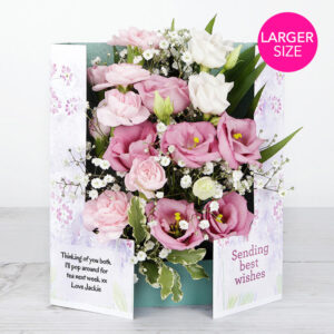 Sending Best Wishes' Flowercard with Pink Carnations, Lisianthus, Gypsophila, Pittosporum and Chico Leaf